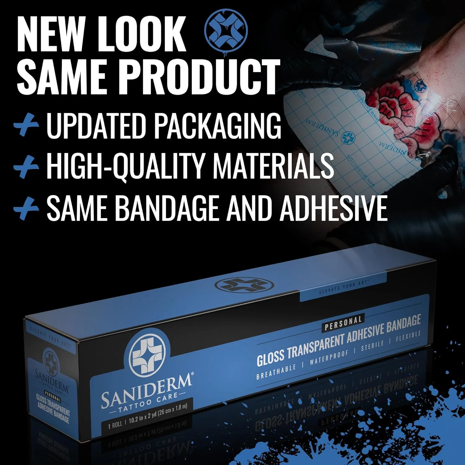 Saniderm Original Tattoo Aftercare Bandage (Personal Roll, 10.2 in x 2 yd) – Convenient, Faster Tattoo Healing and Protection – Sterile, Waterproof, and Latex-Free Tattoo Aftercare Wrap – Gloss Finish