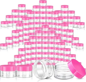 SATINIOR 100 Pcs Plastic Jars with Lids Small Containers Lids Wide Mouth Small Plastic Containers for Lotion Cream Rhinestones Body Butters Travel Storage(1 oz,Clear with Pink Lid)