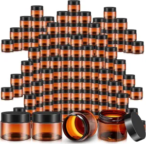 SATINIOR 100 Pcs Plastic Jars with Lids Small Containers Lids Wide Mouth Small Plastic Containers for Lotion Cream Rhinestones Body Butters Travel Storage(2 oz,Amber with Black Lid)