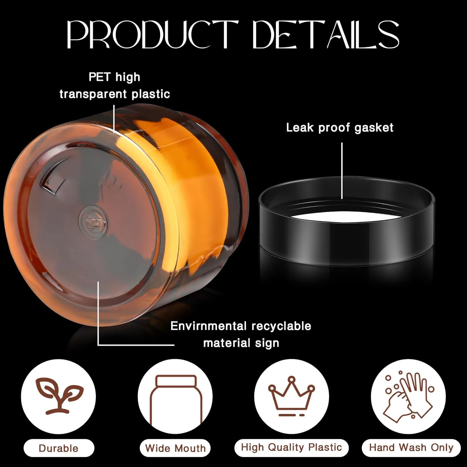 SATINIOR 100 Pcs Plastic Jars with Lids Small Containers Lids Wide Mouth Small Plastic Containers for Lotion Cream Rhinestones Body Butters Travel Storage(2 oz,Amber with Black Lid)