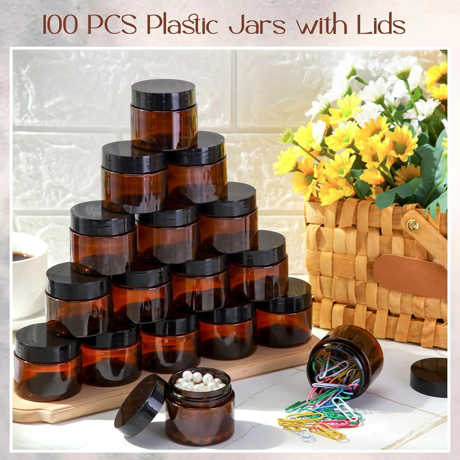 SATINIOR 100 Pcs Plastic Jars with Lids Small Containers Lids Wide Mouth Small Plastic Containers for Lotion Cream Rhinestones Body Butters Travel Storage(2 oz,Amber with Black Lid)