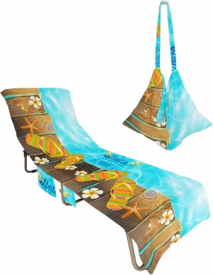 Say Hello to Summer Chaise Lounger Cover with Pockets, Pool Lounge Chair Covers 85"x29", Beach Slipper Wood Floral Slippers Microfiber Beach Chair Cover for Outdoor Patio Sunbathing