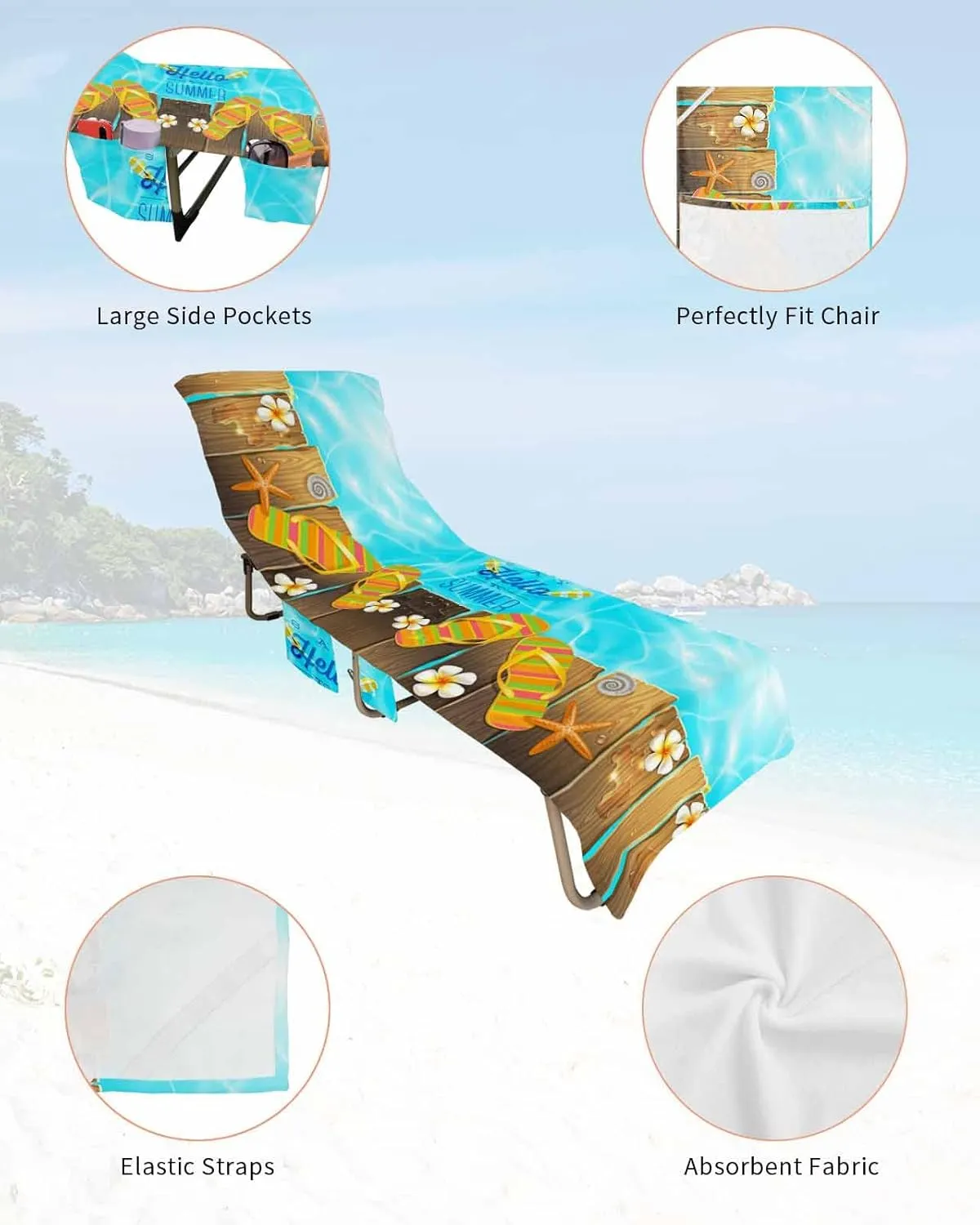 Say Hello to Summer Chaise Lounger Cover with Pockets, Pool Lounge Chair Covers 85"x29", Beach Slipper Wood Floral Slippers Microfiber Beach Chair Cover for Outdoor Patio Sunbathing