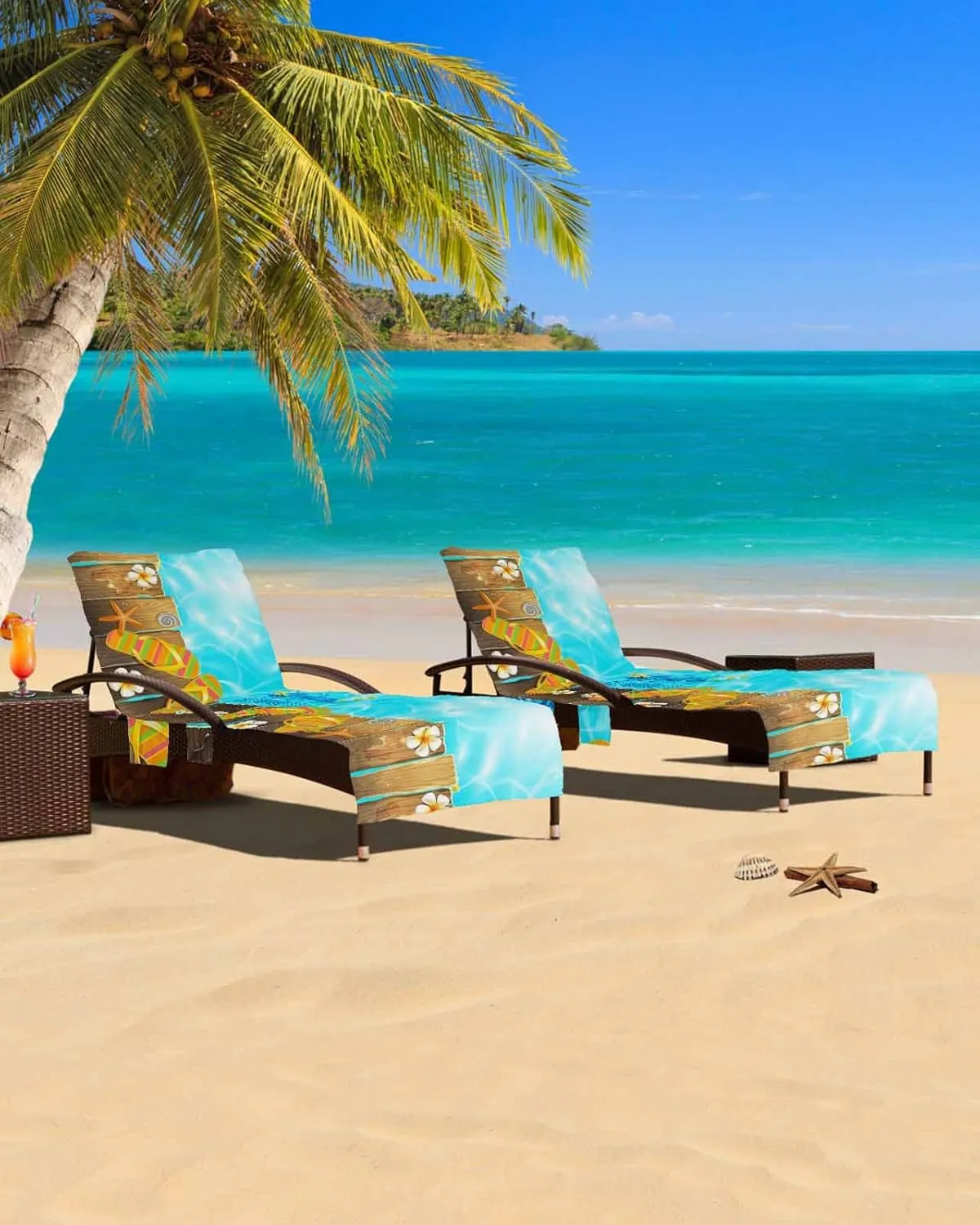 Say Hello to Summer Chaise Lounger Cover with Pockets, Pool Lounge Chair Covers 85"x29", Beach Slipper Wood Floral Slippers Microfiber Beach Chair Cover for Outdoor Patio Sunbathing