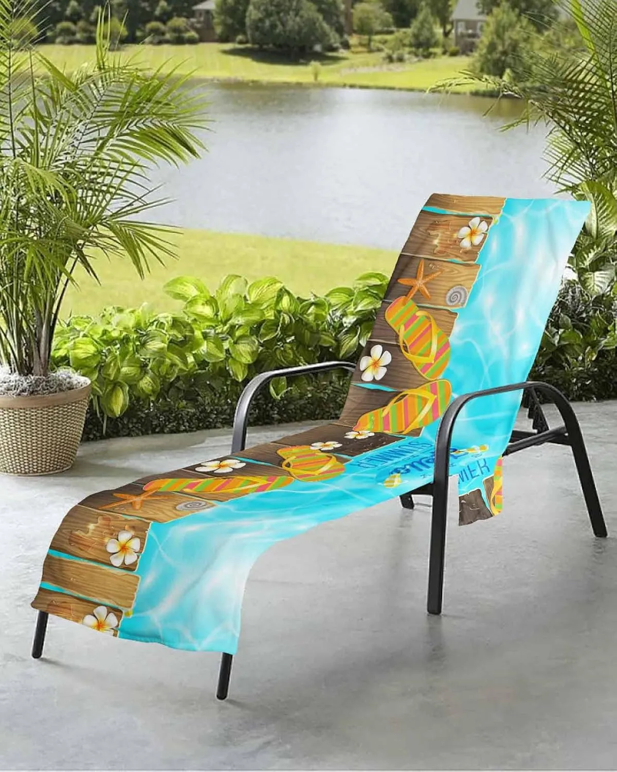 Say Hello to Summer Chaise Lounger Cover with Pockets, Pool Lounge Chair Covers 85"x29", Beach Slipper Wood Floral Slippers Microfiber Beach Chair Cover for Outdoor Patio Sunbathing