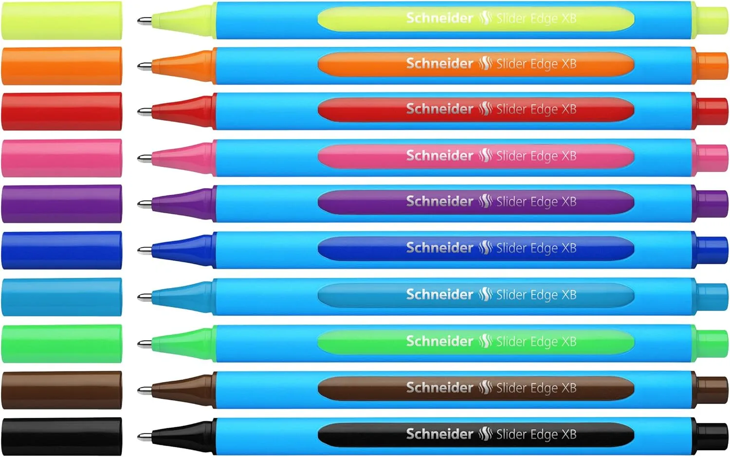 Schneider Slider Edge XB (Extra Broad) Ballpoint Pen, 1.4 mm, Light Blue Barrel, Assorted Ink Colors, Pack of 10 Pens (152290)