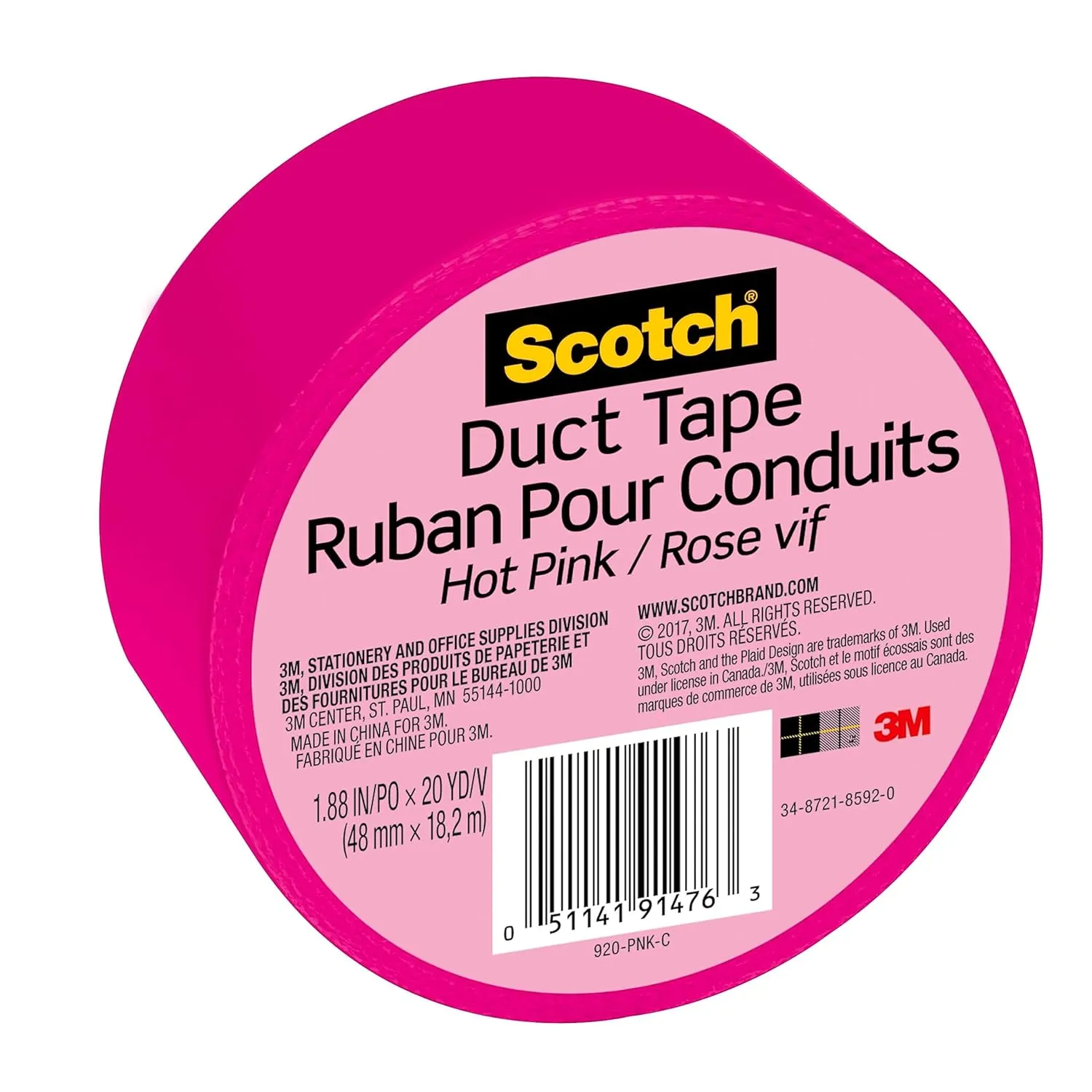 Scotch Duct Tape, 1.88 in x 20 yd, Hot Pink, 6 Pack