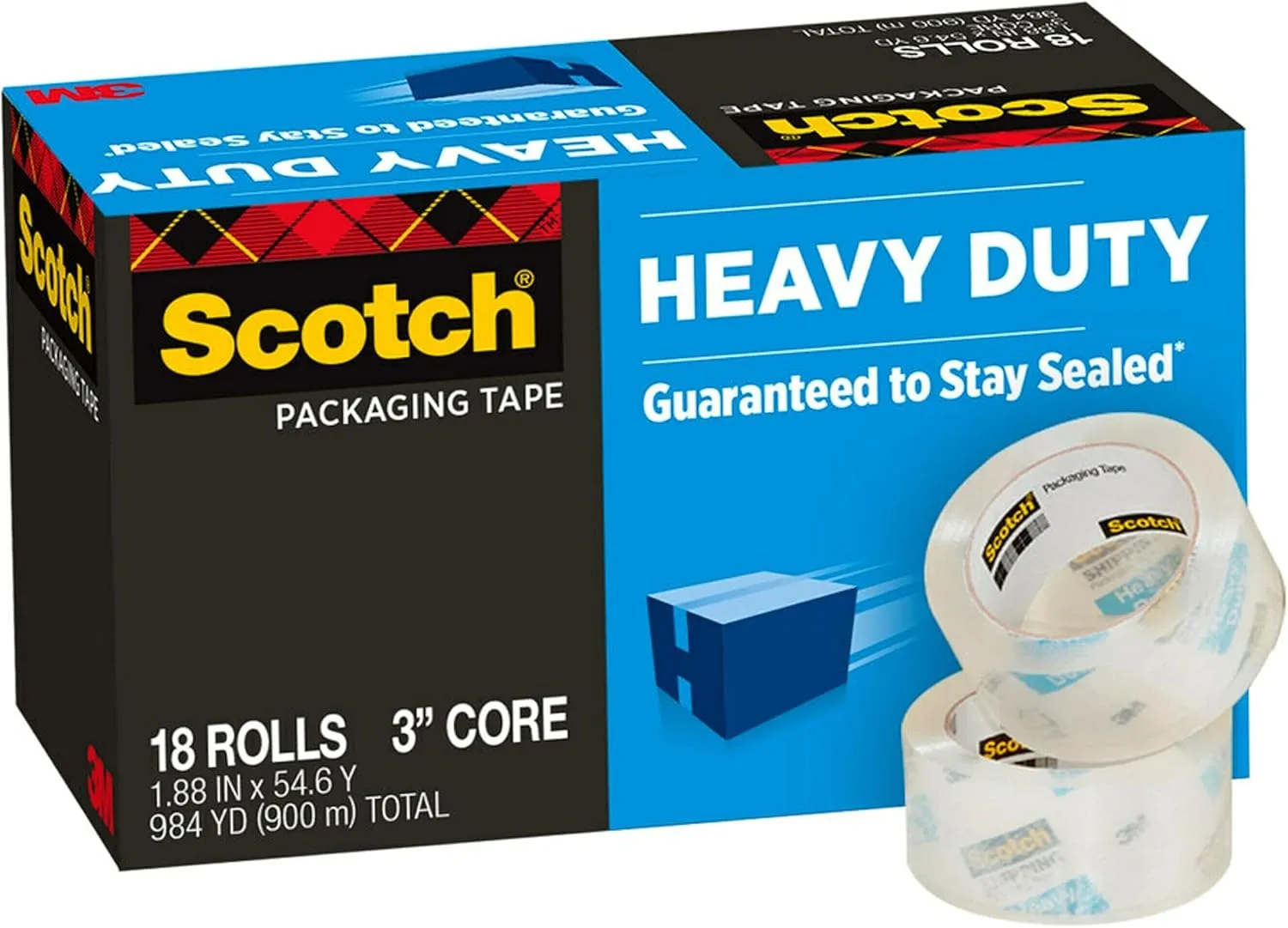 Scotch Heavy Duty Shipping Packing Tape, Clear, Shipping and Packaging Supplies, 1.88 in. x 54.6 yd., 18 Tape Rolls