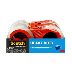 Scotch Heavy Duty Shipping Packing Tape, Clear, Shipping and Packaging Supplies, 1.88 in. x 54.6 yd., 4 Tape Rolls with 4 Dispensers