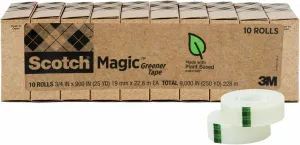 Scotch Magic Greener Tape, 10 Rolls, Numerous Applications, Invisible, Engineered for Repairing, 3/4 x 900 Inches, Boxed