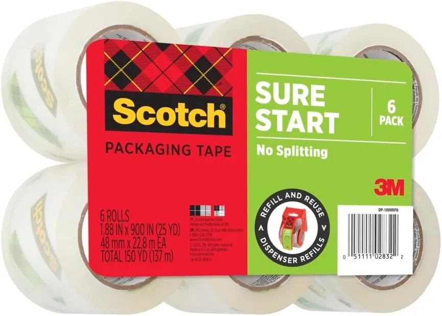 Scotch Sure Start Shipping Packaging Tape, 1.88" x 25 yd, Designed for Packing, Shipping and Mailing, No Splitting or Tearing, 1.5" Core, Clear, 6 Rolls (DP-1000RF6)