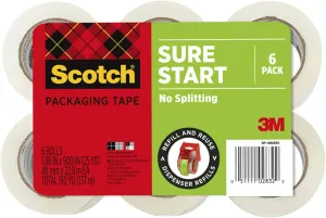 Scotch Sure Start Shipping Packaging Tape, 1.88" x 25 yd, Designed for Packing, Shipping and Mailing, No Splitting or Tearing, 1.5" Core, Clear, 6 Rolls (DP-1000RF6)