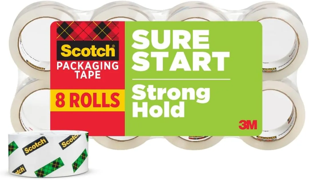 Scotch Sure Start Shipping Packaging Tape, 1.88" x 54.6 yd, Designed for Packing, Shipping and Mailing, No Splitting or Tearing, 3" Core, Clear, 8 Rolls (3450-8)