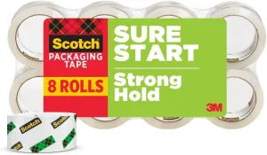 Scotch Sure Start Shipping Packaging Tape, 1.88" x 54.6 yd, Designed for Packing, Shipping and Mailing, No Splitting or Tearing, 3" Core, Clear, 8 Rolls (3450-8)