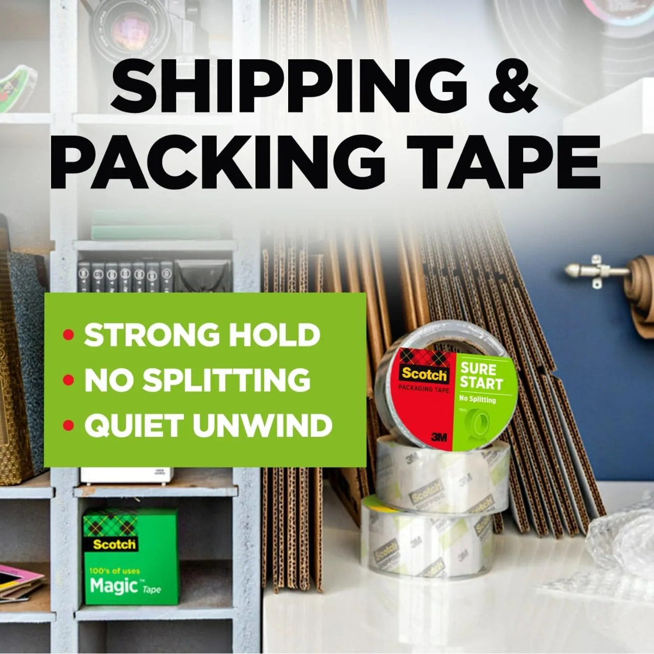 Scotch Sure Start Shipping Packaging Tape, 1.88" x 54.6 yd, Designed for Packing, Shipping and Mailing, No Splitting or Tearing, 3" Core, Clear, 8 Rolls (3450-8)