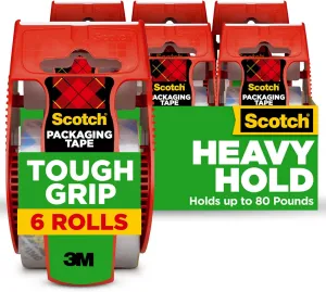 Scotch Tough Grip Moving Packaging Tape, 1.88" x 22.2 yd, Strong Hold on All Box Types Including Recycled, Secures Boxes up to 80 lbs, 1.5" Core, Clear, 6 Dispensered Rolls (150-6)