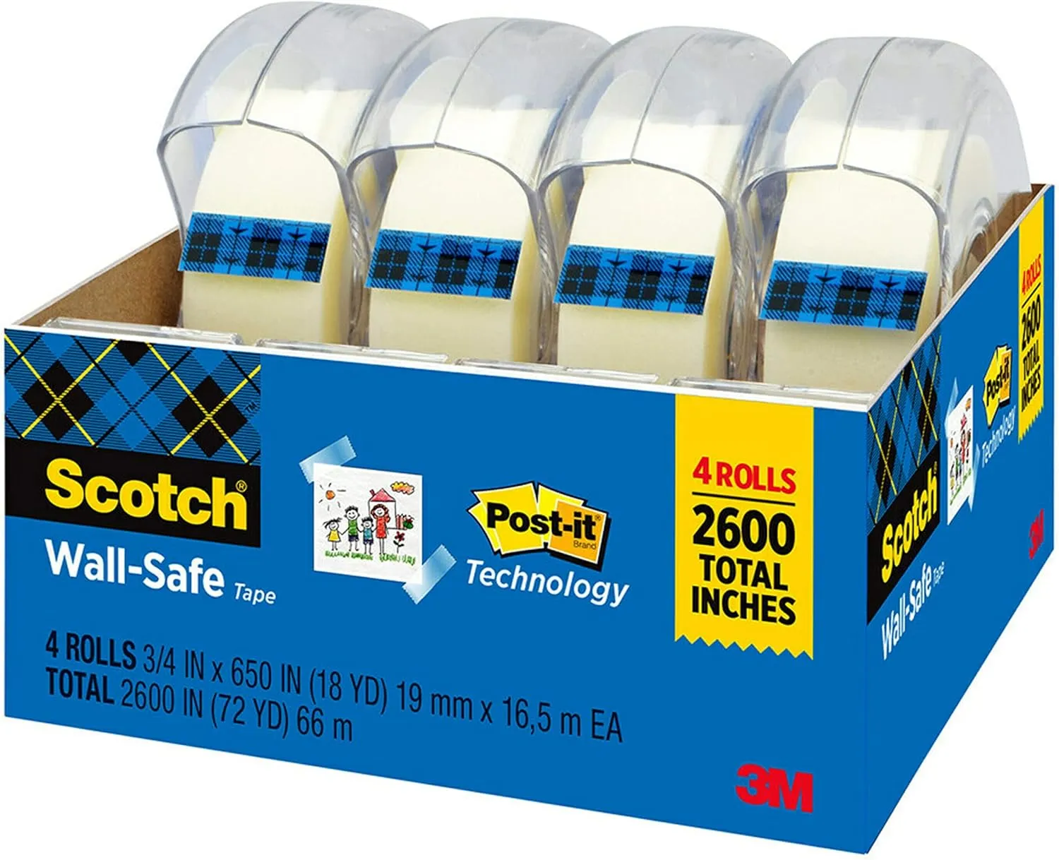 Scotch Wall-Safe Tape, 4 Dispensered Rolls, Sticks Securely, Removes Cleanly, Invisible, Designed for Displaying, Photo Safe, 3/4 in x 650 in (4183)