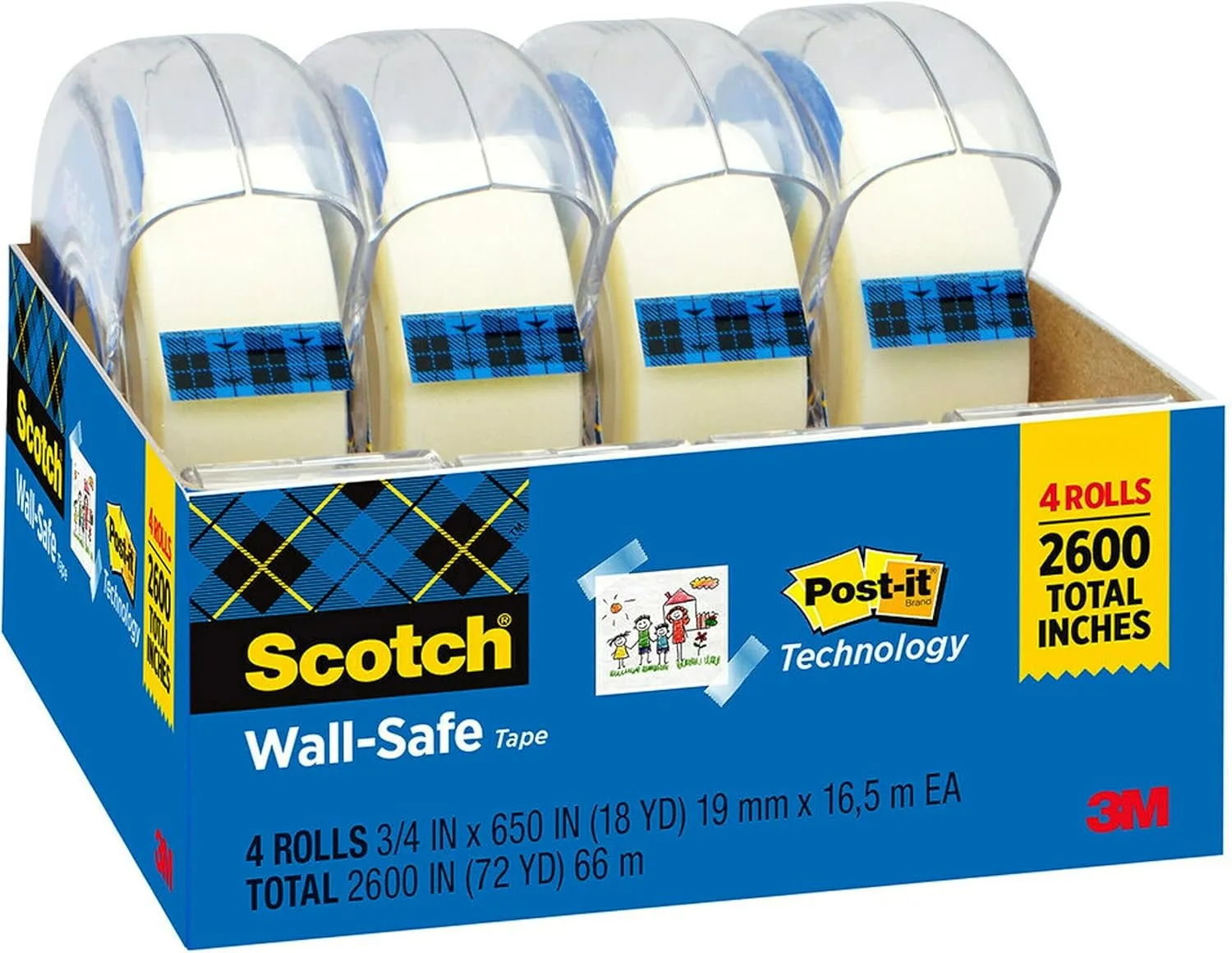 Scotch Wall-Safe Tape, 4 Dispensered Rolls, Sticks Securely, Removes Cleanly, Invisible, Designed for Displaying, Photo Safe, 3/4 in x 650 in (4183)