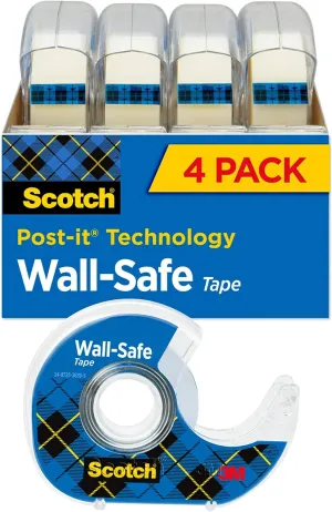 Scotch Wall-Safe Tape, 4 Dispensered Rolls, Sticks Securely, Removes Cleanly, Invisible, Designed for Displaying, Photo Safe, 3/4 in x 650 in (4183)