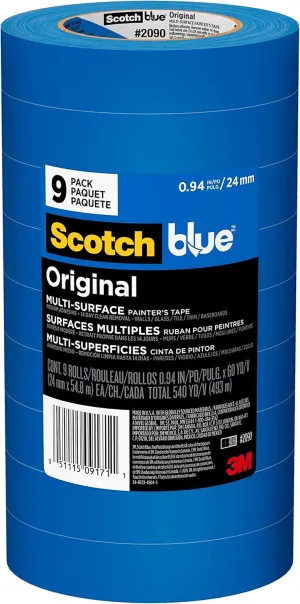ScotchBlue Original Multi-Surface Painters Tape, 1 Inch Wide (0.94 In. x 60 Yds), 9 Rolls, Blue Paint Tape Protects Surfaces and Removes Easily, Masking Tape for Indoor and Outdoor Use (2090-24AP9)