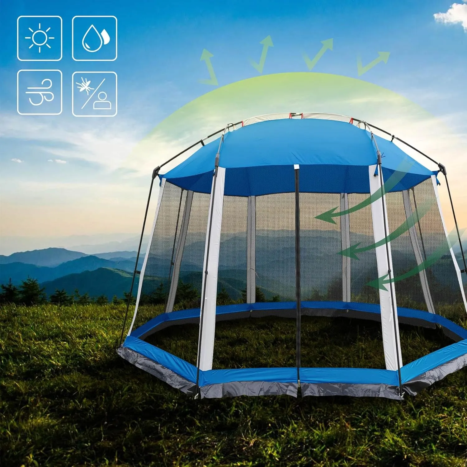 Screen House 13x13 Feet Octagonal Mesh Canopy Camping Gazebo Shelter Tent for 8-10 People Outdoor Party Activities, Blue