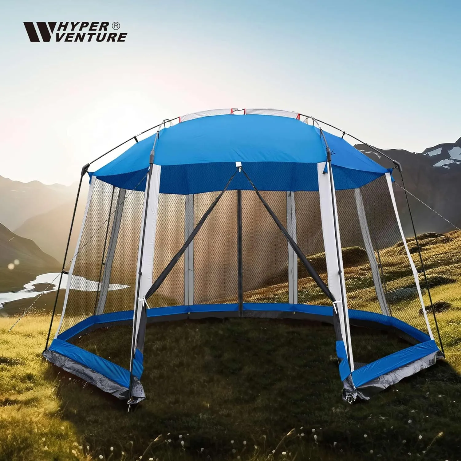 Screen House 13x13 Feet Octagonal Mesh Canopy Camping Gazebo Shelter Tent for 8-10 People Outdoor Party Activities, Blue