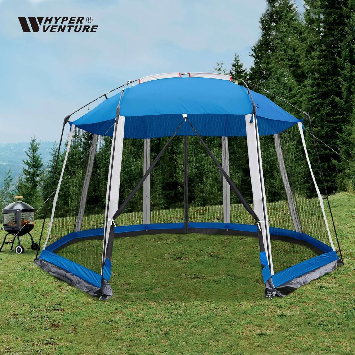 Screen House 13x13 Feet Octagonal Mesh Canopy Camping Gazebo Shelter Tent for 8-10 People Outdoor Party Activities, Blue