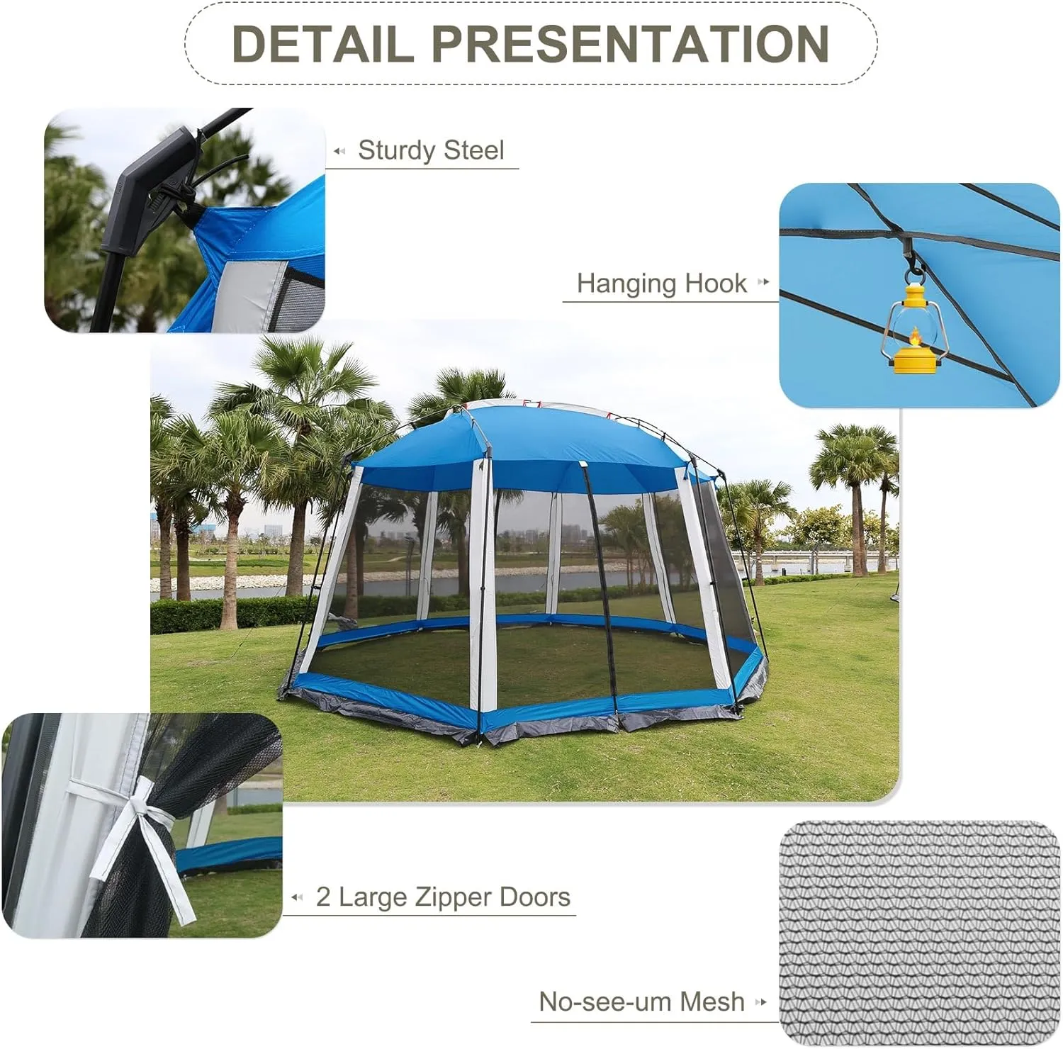 Screen House 13x13 Feet Octagonal Mesh Canopy Camping Gazebo Shelter Tent for 8-10 People Outdoor Party Activities, Blue