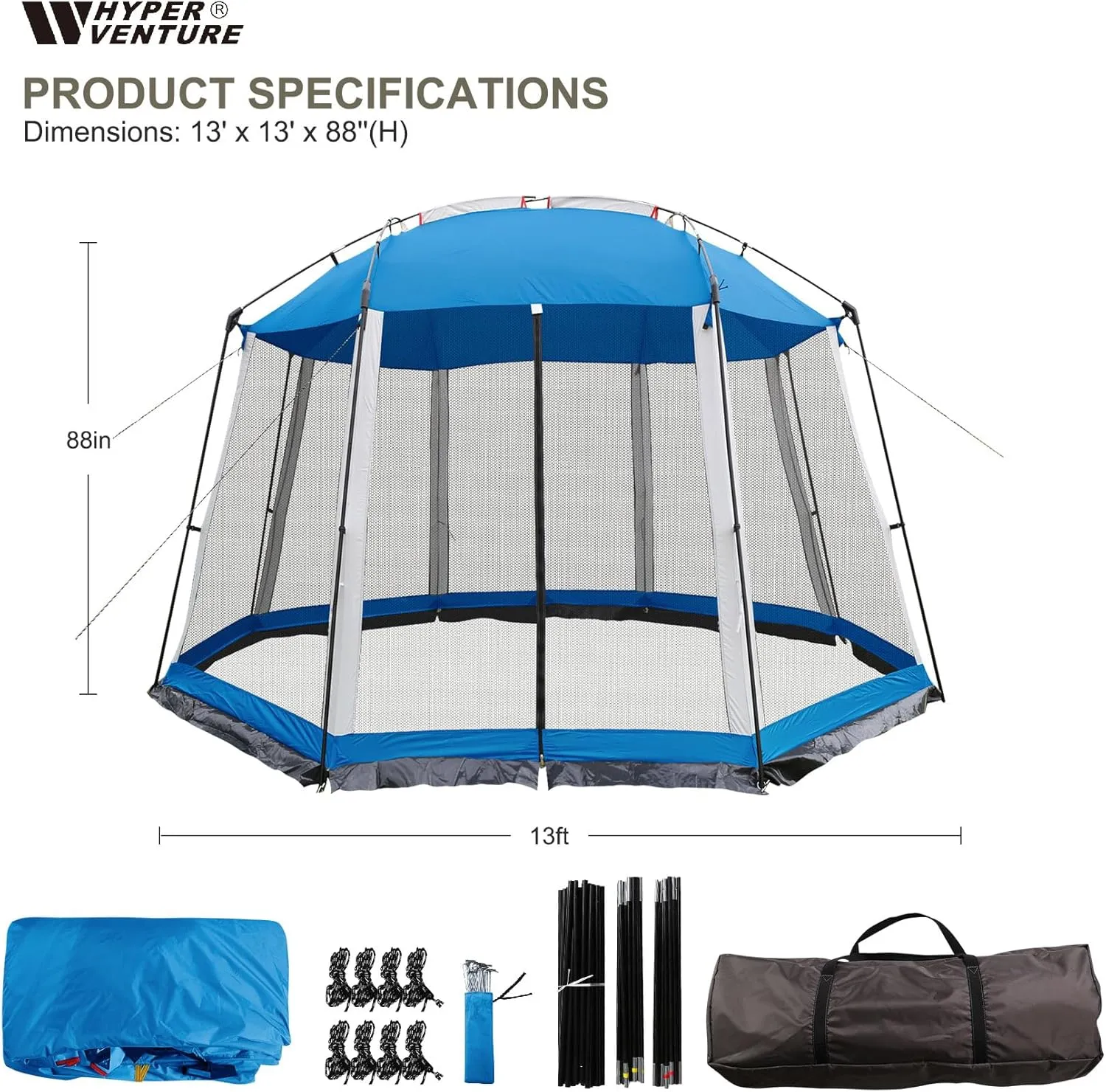 Screen House 13x13 Feet Octagonal Mesh Canopy Camping Gazebo Shelter Tent for 8-10 People Outdoor Party Activities, Blue