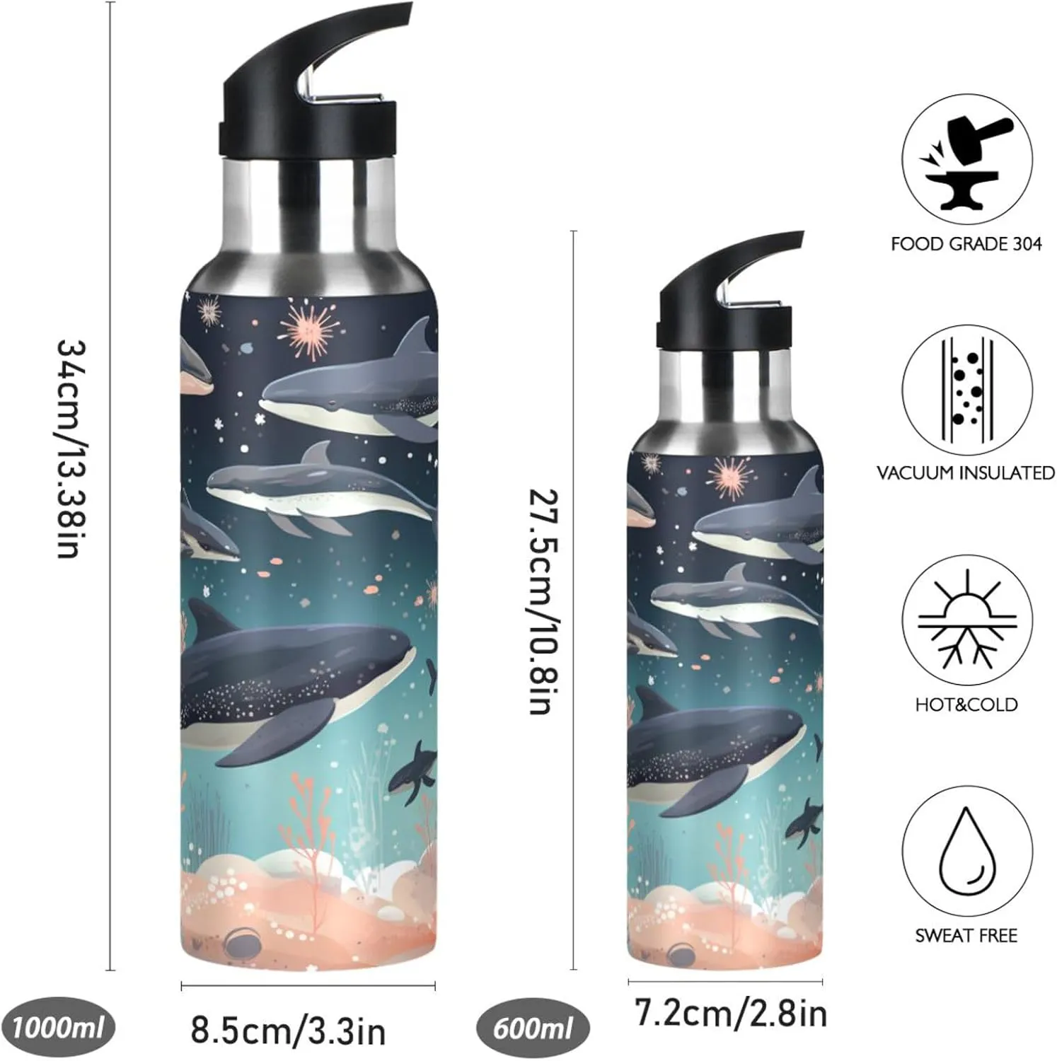 Sea Whales Seabirds Art Sport Water Bottle Insulated Stainless Steel Large Vacuum Flask Leak Proof Thermos with Straw for Travel(600ml/1000ml)