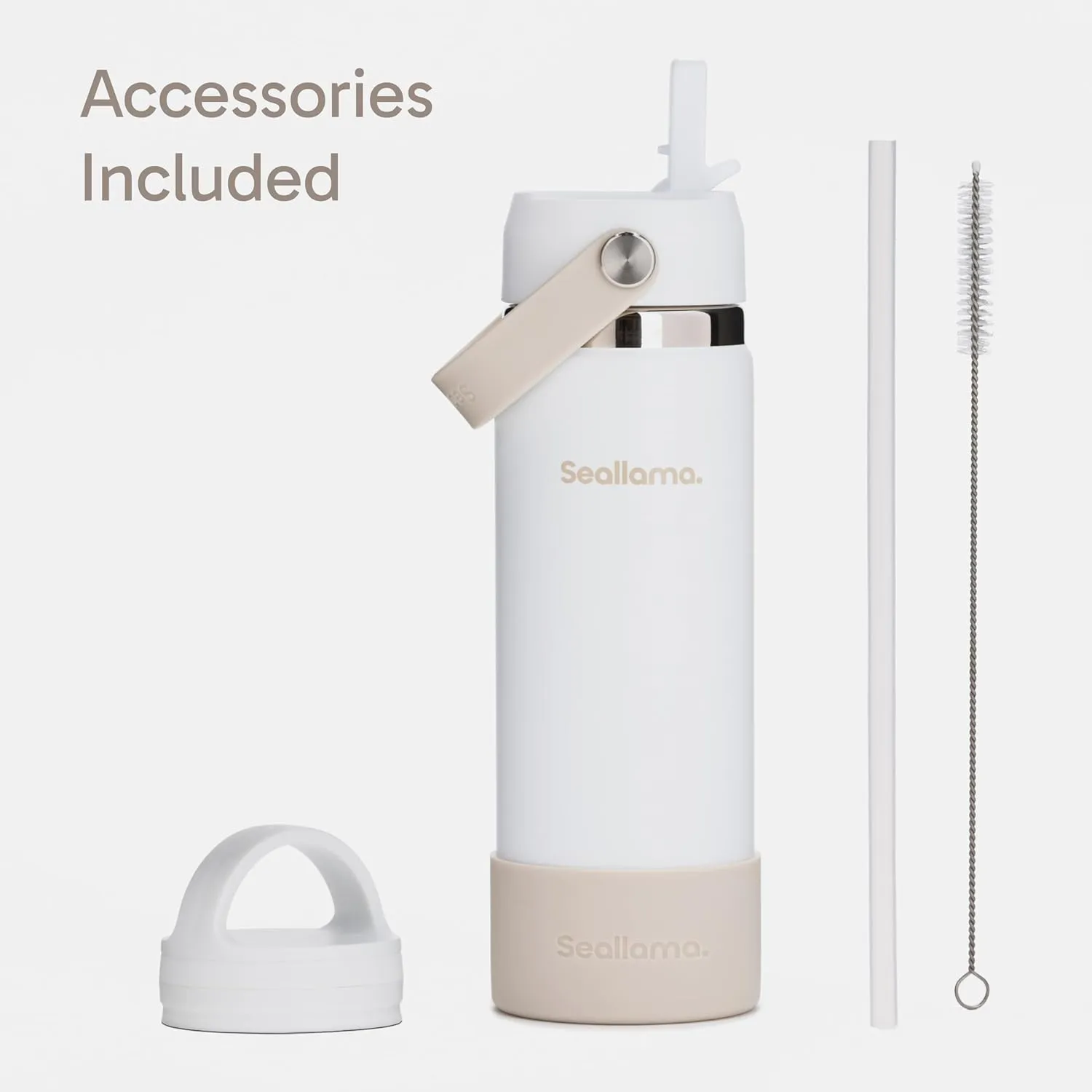 Seallama. Stainless Steel Wide Mouth Water Bottle - 2 Lids (Flex Straw Lid) and Double-Wall Vacuum Insulation - Leak Proof, BPA-Free, for Travel, Sports, School, and Car (Chalk, 21 oz)