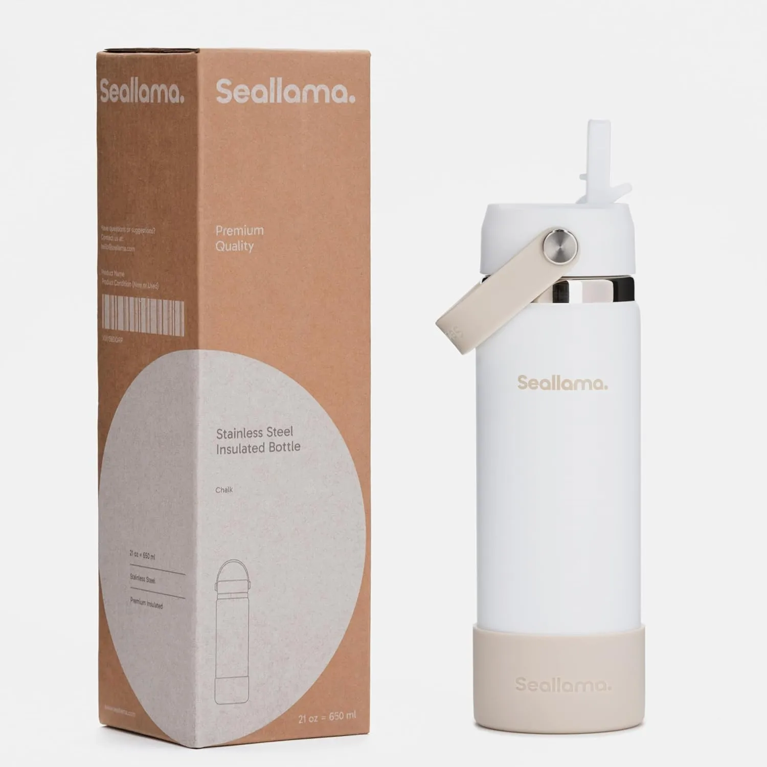 Seallama. Stainless Steel Wide Mouth Water Bottle - 2 Lids (Flex Straw Lid) and Double-Wall Vacuum Insulation - Leak Proof, BPA-Free, for Travel, Sports, School, and Car (Chalk, 21 oz)