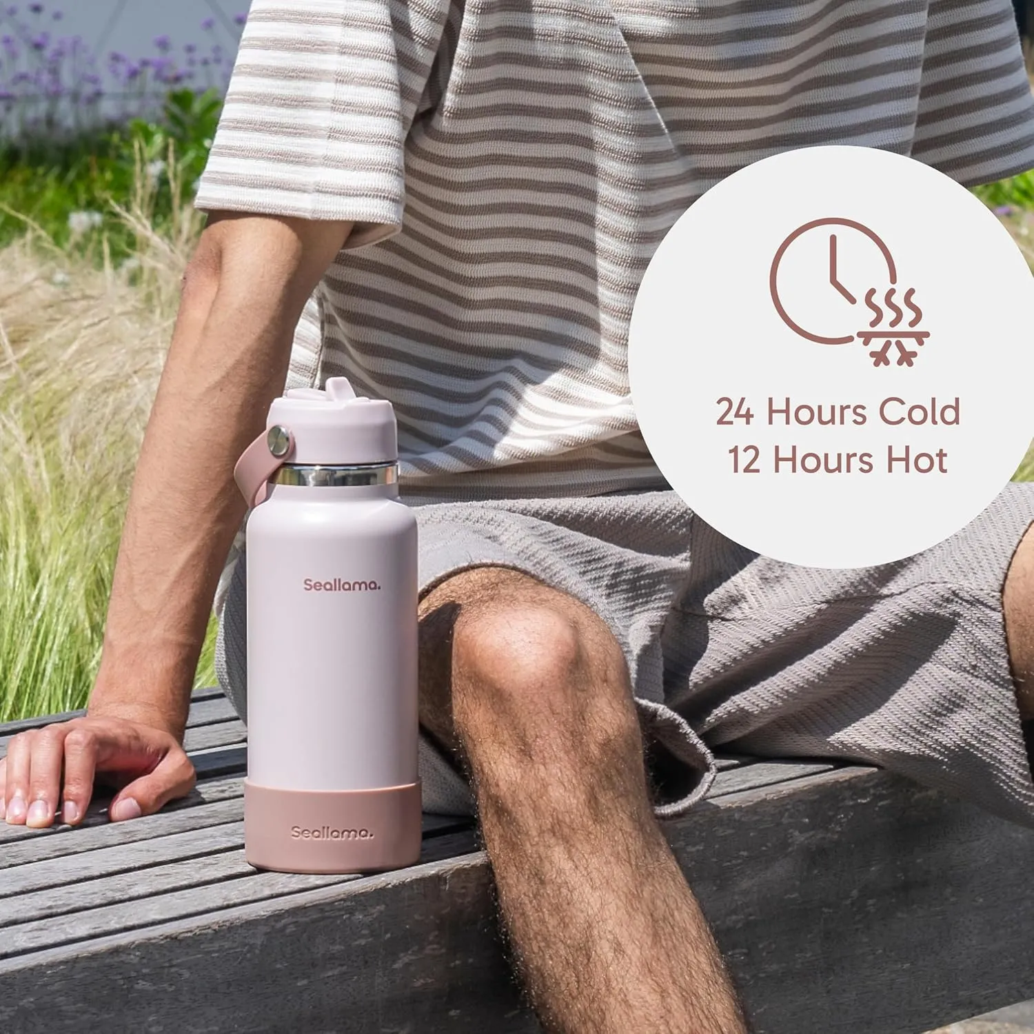 Seallama. Stainless Steel Wide Mouth Water Bottle - 2 Lids (Flex Straw Lid) and Double-Wall Vacuum Insulation - Leak Proof, BPA-Free, for Travel, Sports, School, and Car (Clay, 32 oz)