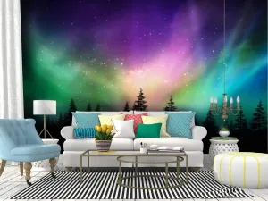 Self Adhesive Wallpaper Roll Paper multicolored northern lights aurora borealis on canadian forest Removable Peel and Stick Wallpaper Decorative Wall Mural Posters Home Covering Interior Film