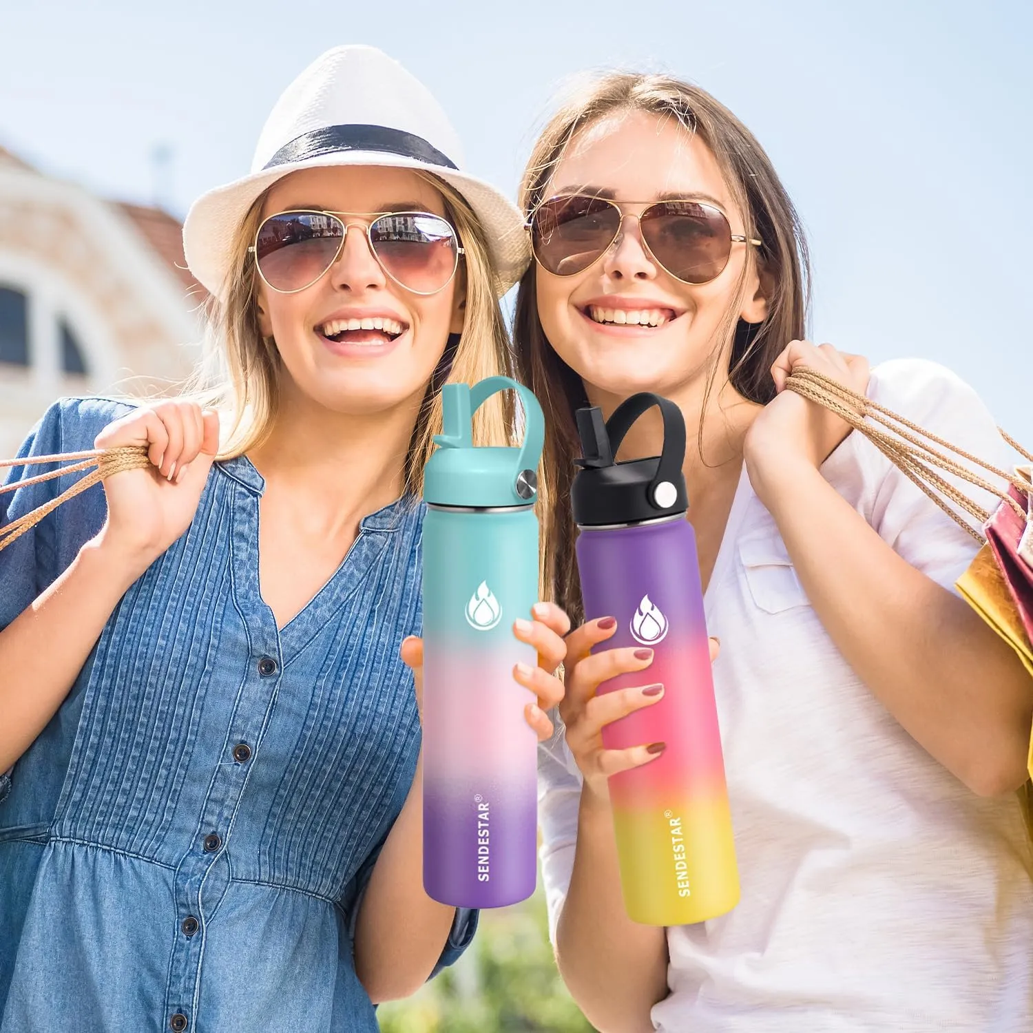 SENDESTAR Water Bottle 32oz Double Wall Vacuum Insulated Leak Proof Stainless Steel Sports Water Bottle—Wide Mouth with New Flex Straw Lid & Spout Lid (Sobert)