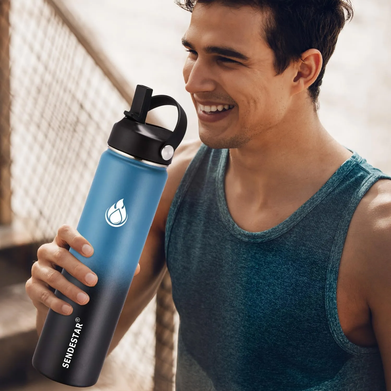SENDESTAR Water Bottle 40oz Double Wall Vacuum Insulated Leak Proof Stainless Steel Sports Water Bottle—Wide Mouth with New Flex Straw Lid & Spout Lid (Deep Blue&Black)