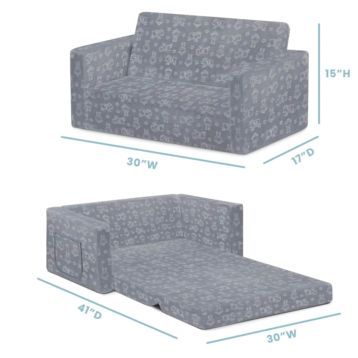 Serta Perfect Sleeper Extra Wide Convertible Sofa to Lounger - Comfy 2-in-1 Flip Open Couch/Sleeper for Kids, Grey