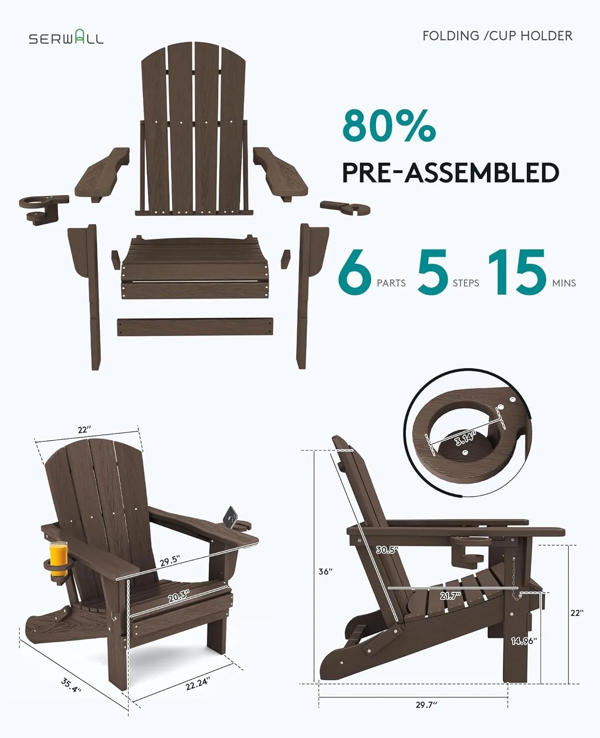 SERWALL Adirondack Chair with Cup Holders - Composite Adirondack Chairs HDPE Outdoor Chairs All Weather Use- Coffee