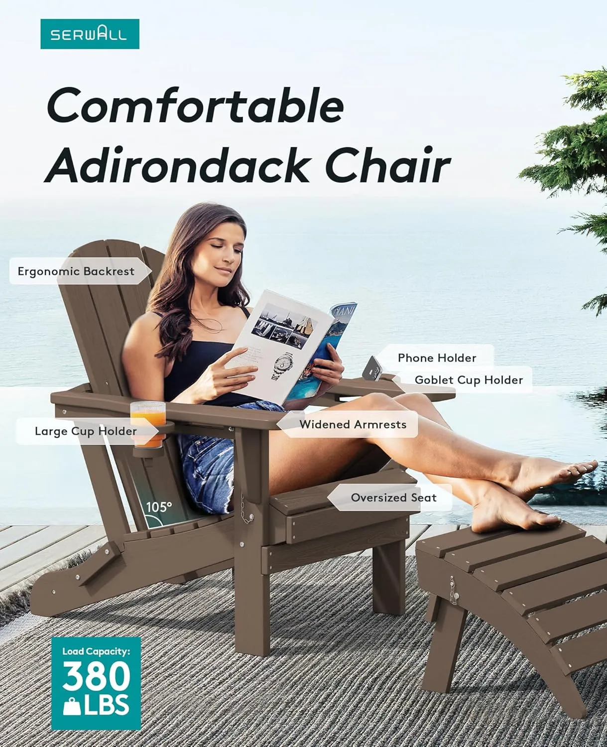 SERWALL Adirondack Chair with Cup Holders - Composite Adirondack Chairs HDPE Outdoor Chairs All Weather Use- Coffee