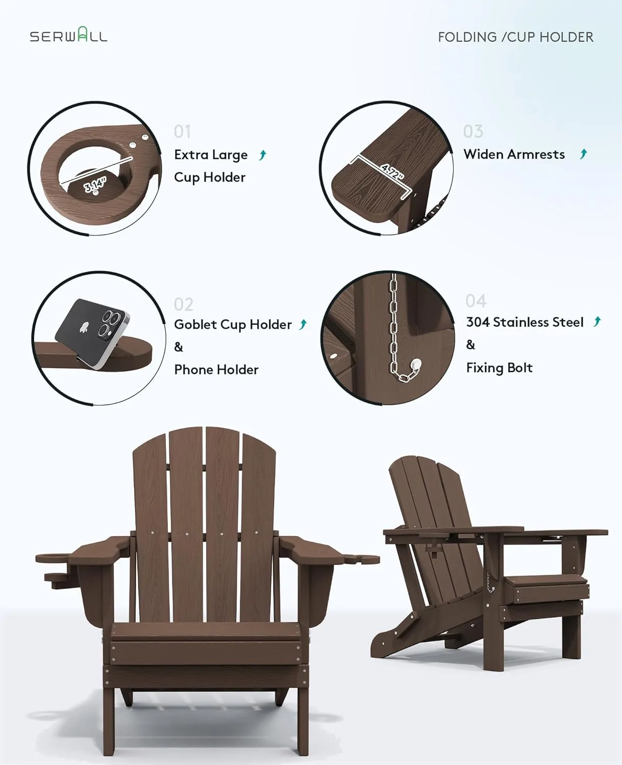 SERWALL Adirondack Chair with Cup Holders - Composite Adirondack Chairs HDPE Outdoor Chairs All Weather Use- Coffee