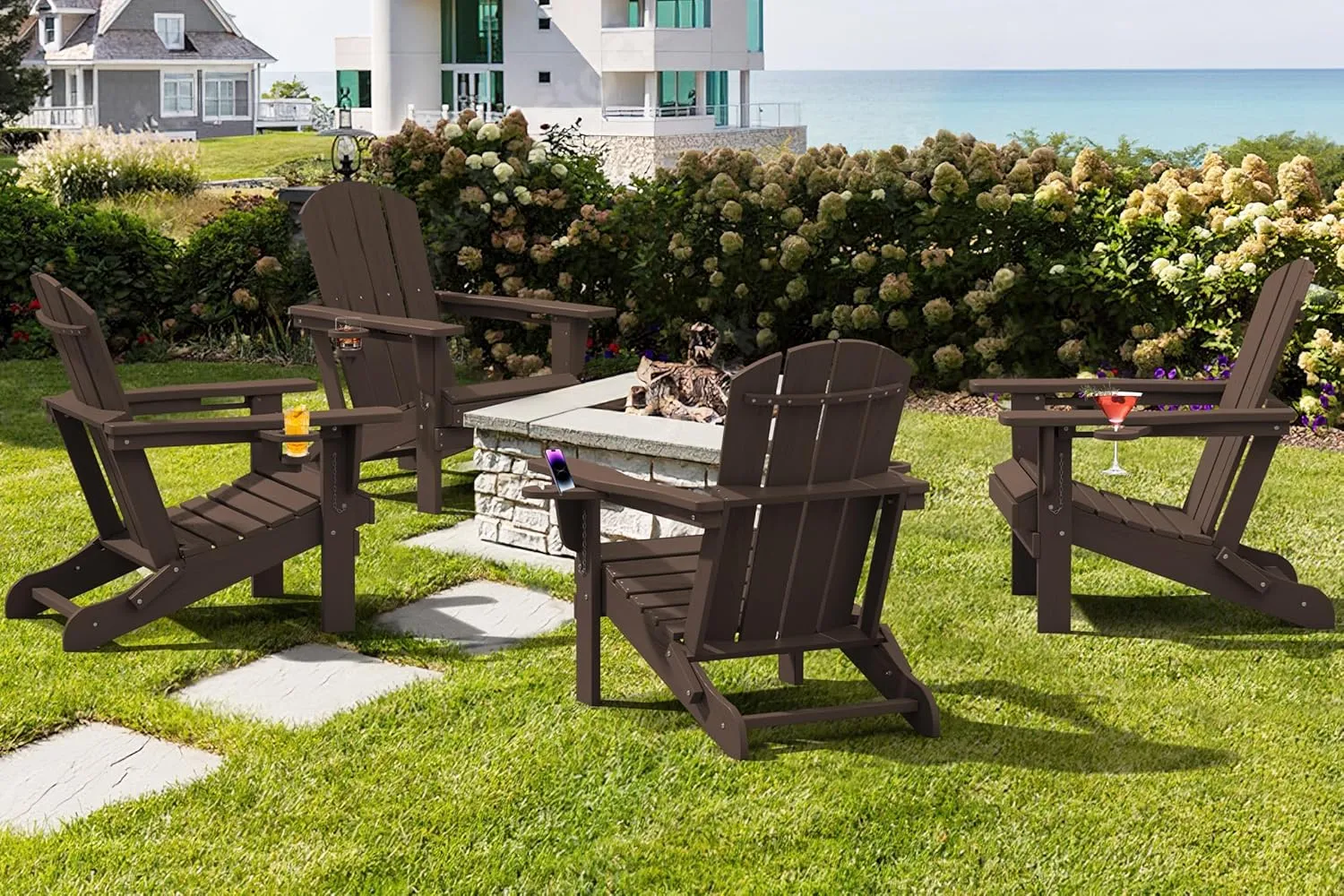 SERWALL Adirondack Chair with Cup Holders - Composite Adirondack Chairs HDPE Outdoor Chairs All Weather Use- Coffee