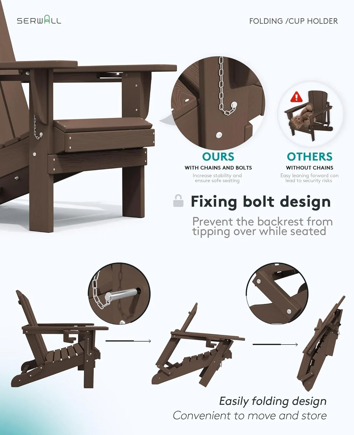 SERWALL Adirondack Chair with Cup Holders - Composite Adirondack Chairs HDPE Outdoor Chairs All Weather Use- Coffee