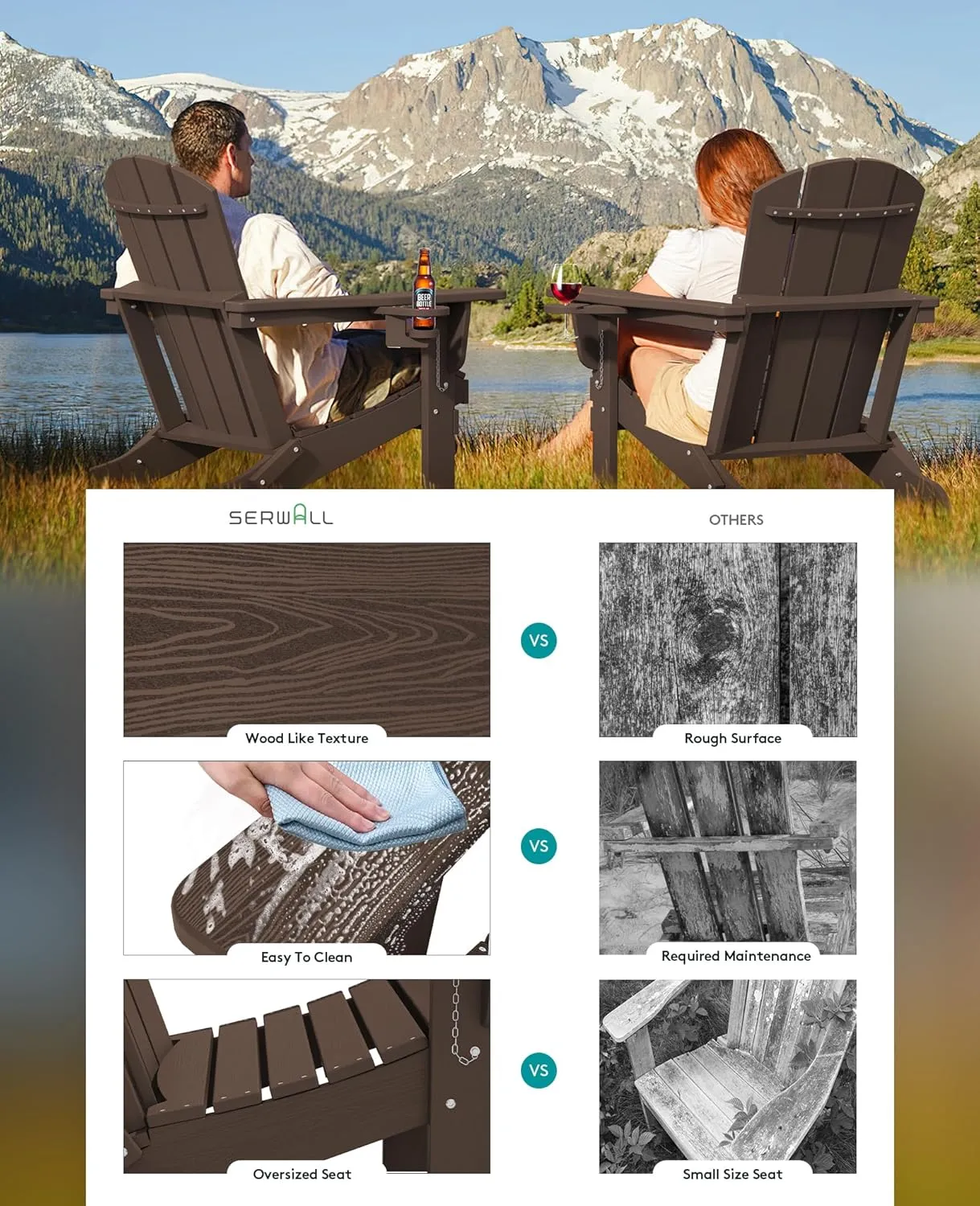 SERWALL Adirondack Chair with Cup Holders - Composite Adirondack Chairs HDPE Outdoor Chairs All Weather Use- Coffee
