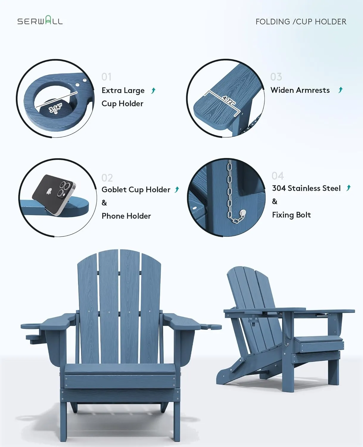 SERWALL Folding Adirondack Chair, HDPE Adirondack Chairs, Plastic Outdoor Chairs- Looks Exactly Like Real Wood- Navy