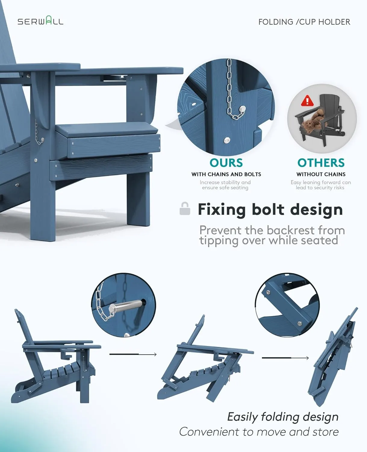 SERWALL Folding Adirondack Chair, HDPE Adirondack Chairs, Plastic Outdoor Chairs- Looks Exactly Like Real Wood- Navy