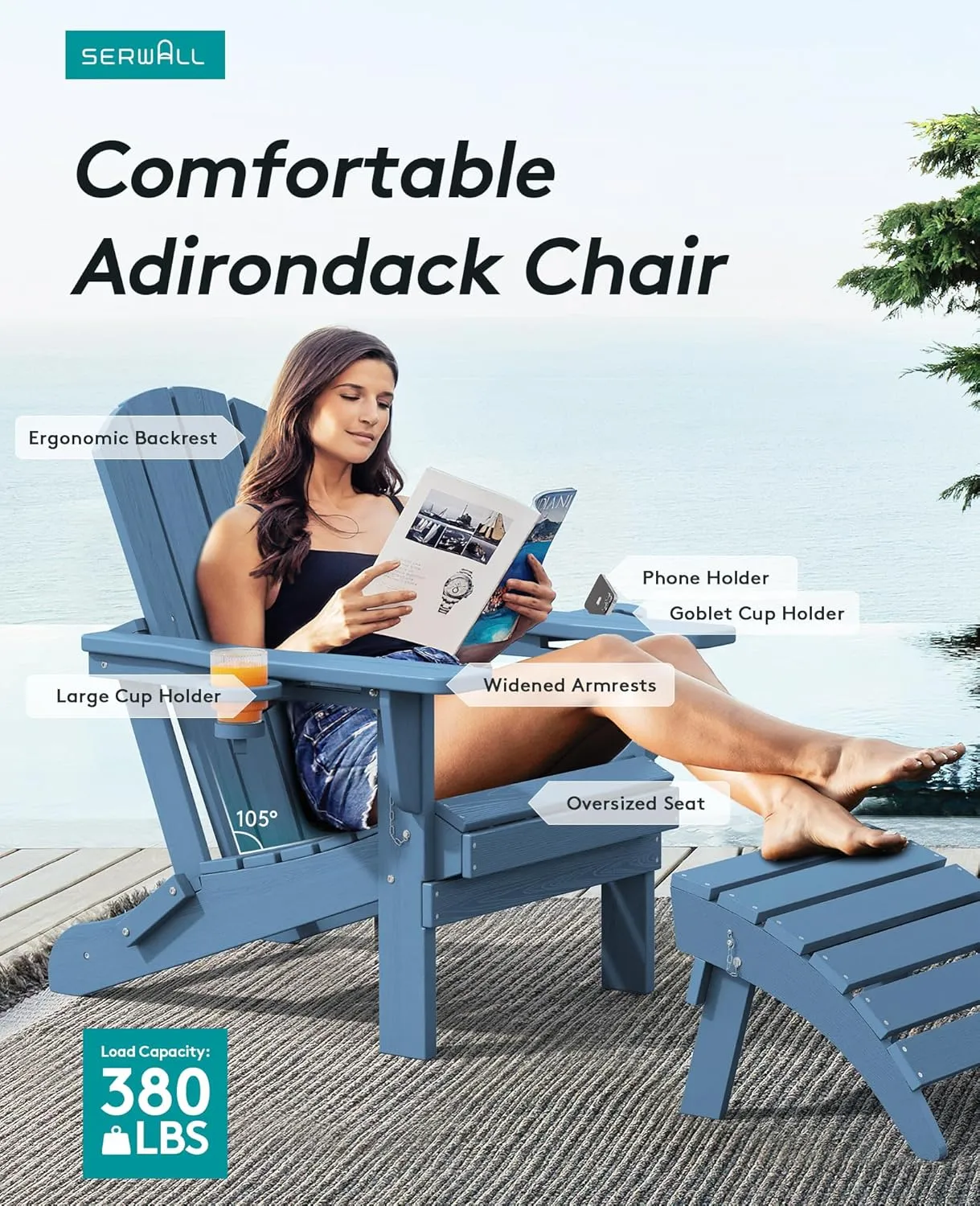 SERWALL Folding Adirondack Chair, HDPE Adirondack Chairs, Plastic Outdoor Chairs- Looks Exactly Like Real Wood- Navy