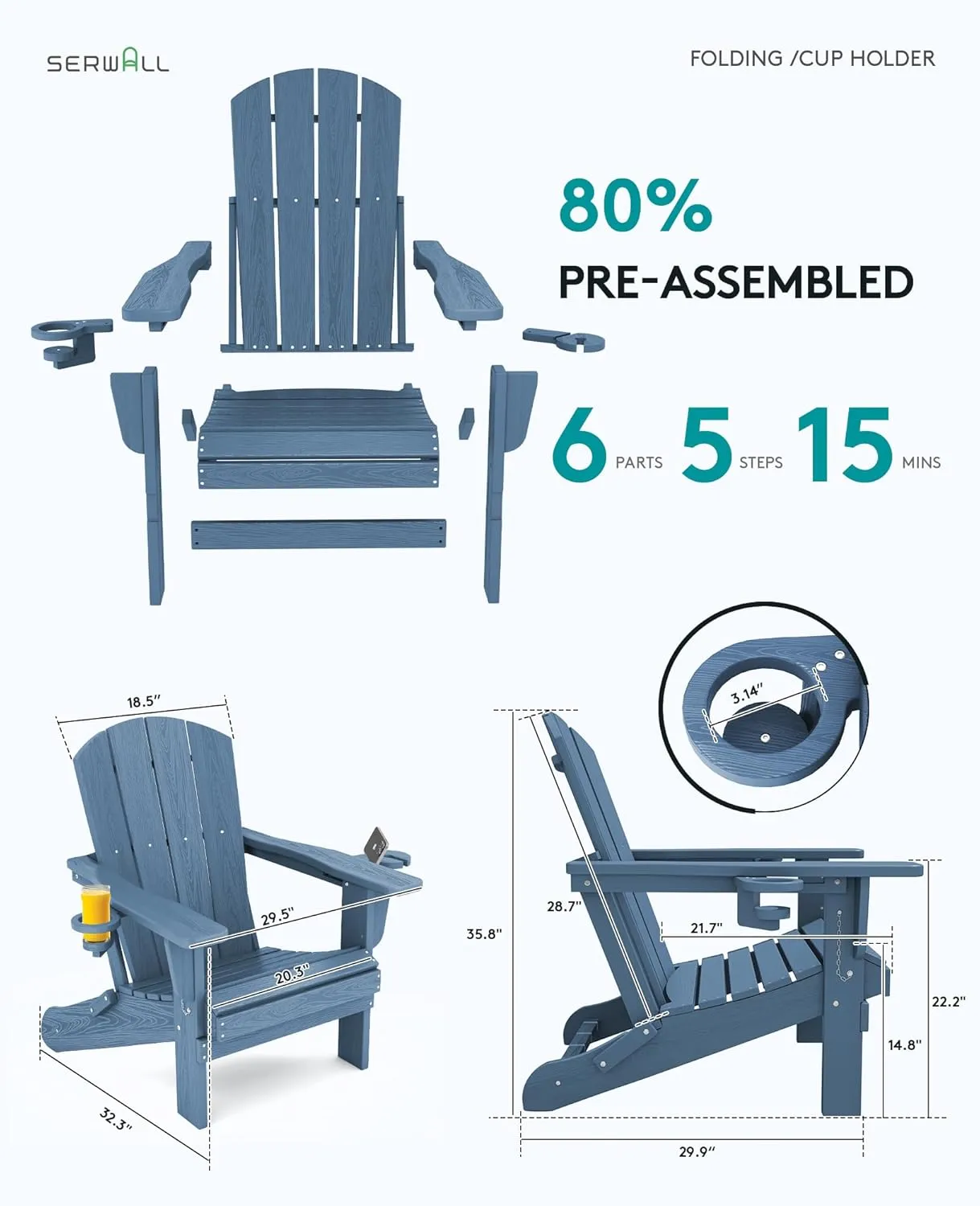SERWALL Folding Adirondack Chair, HDPE Adirondack Chairs, Plastic Outdoor Chairs- Looks Exactly Like Real Wood- Navy