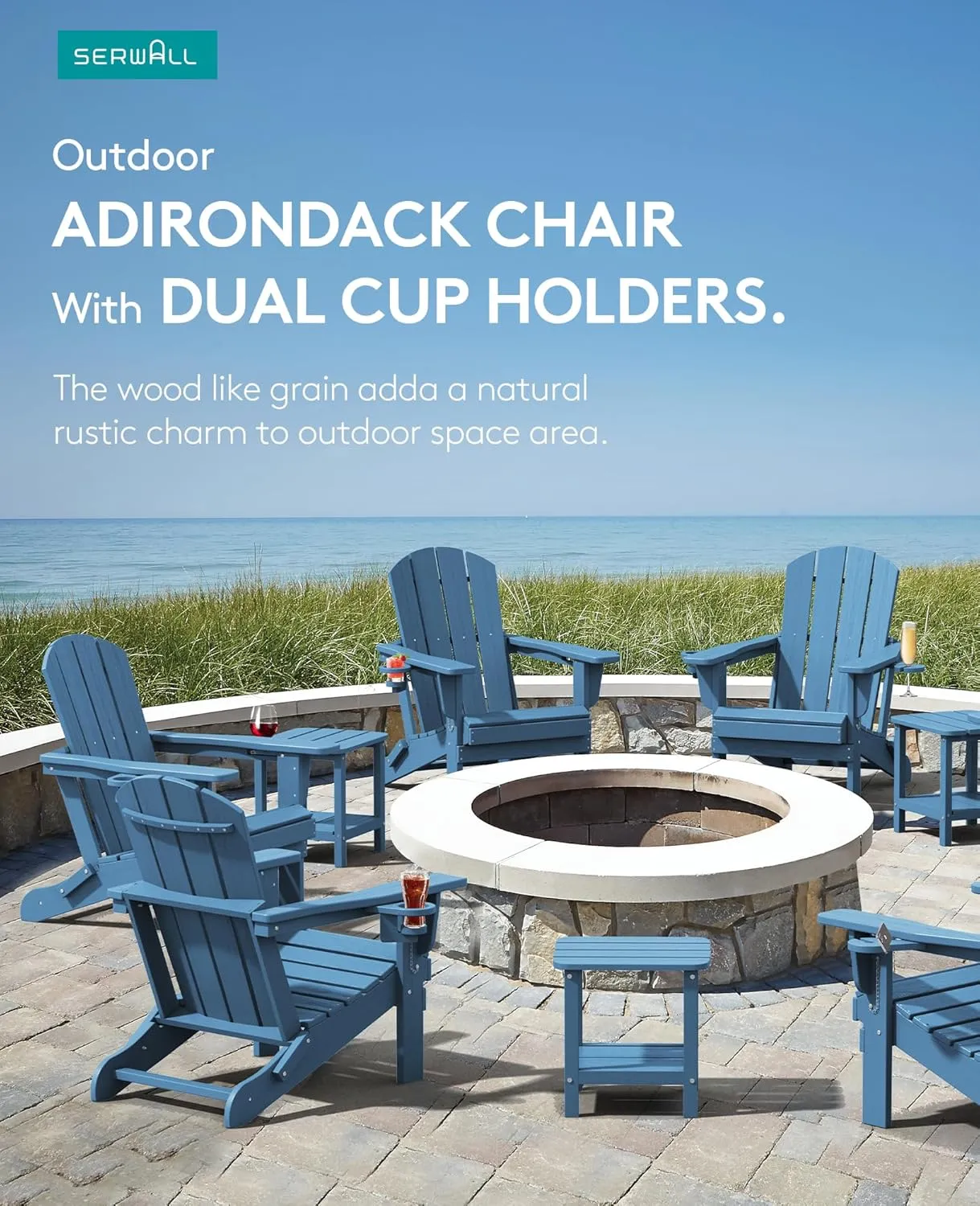 SERWALL Folding Adirondack Chair, HDPE Adirondack Chairs, Plastic Outdoor Chairs- Looks Exactly Like Real Wood- Navy