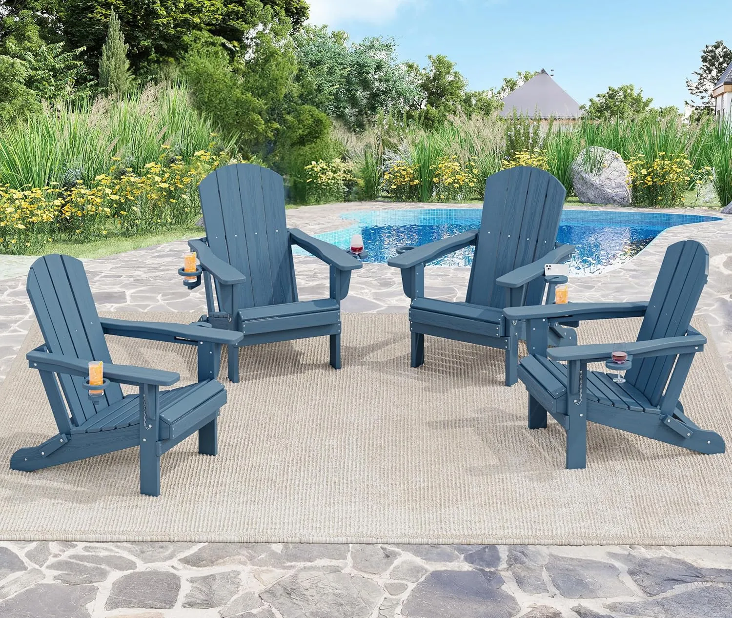 SERWALL Folding Adirondack Chair, HDPE Adirondack Chairs, Plastic Outdoor Chairs- Looks Exactly Like Real Wood- Navy
