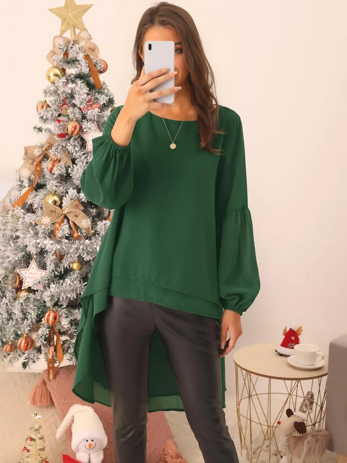 Seta T Women's High Low Tops Lantern Long Sleeve Round Neck Dressy Casual Chiffon Asymmetrical Tops Blouse